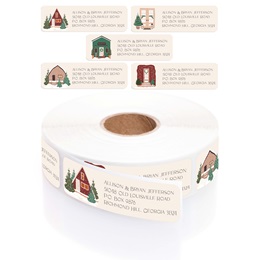 Assorted Winter Houses Rolled Address Labels with Elegant Plastic Dispenser