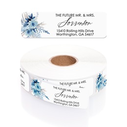 Future Mr and Mrs Blue Floral Rolled Address Labels with Elegant Plastic Dispenser